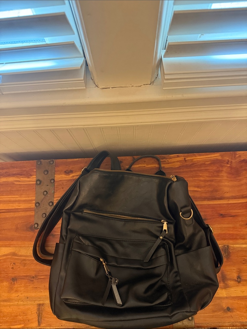 Black Faux Leather Backpack with Gold Hardware